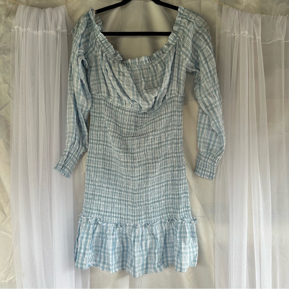 NWT Light Blue Plaid Long Sleeve Mini Dress